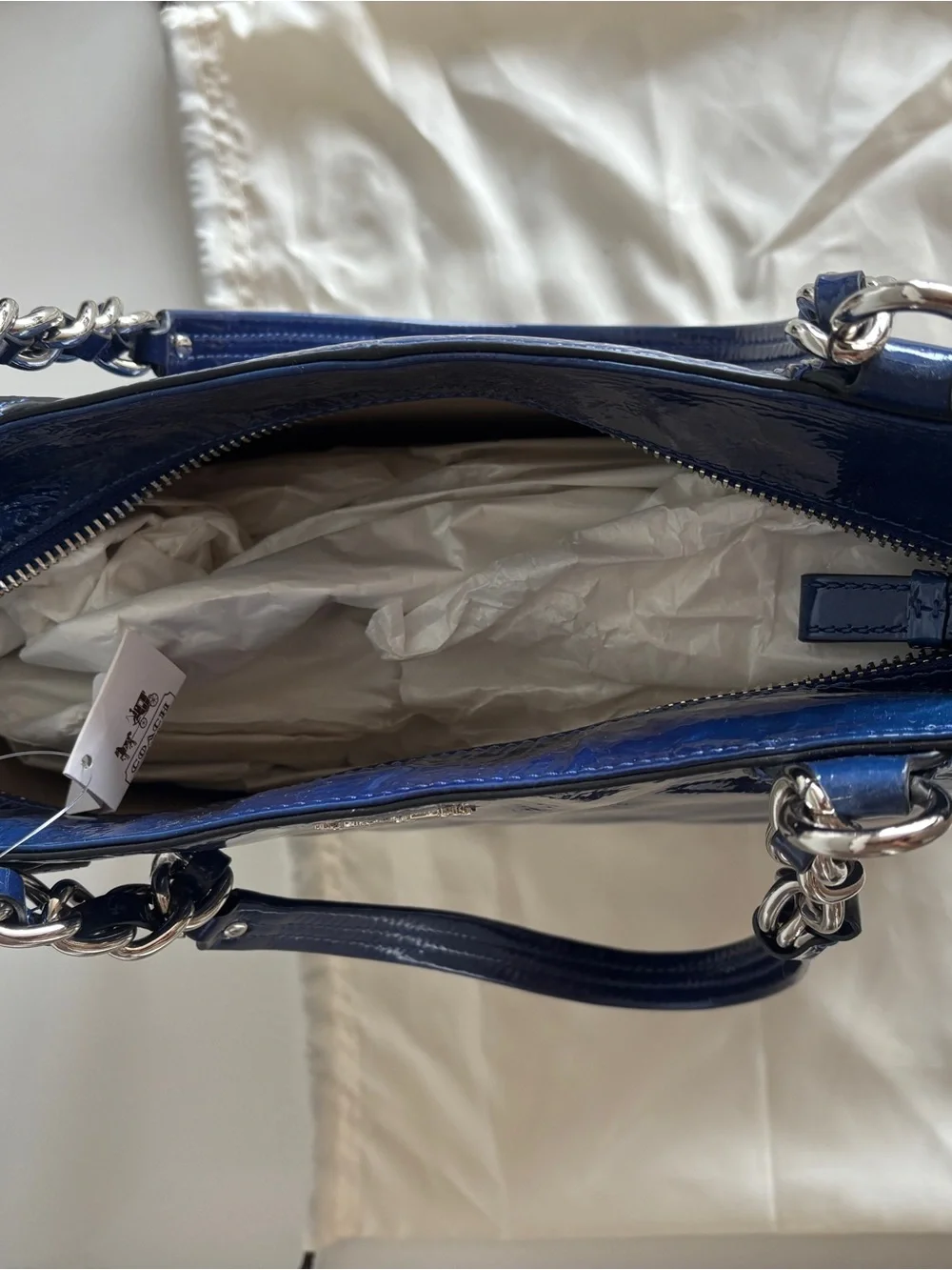 NWT Coach Glossy Patent Tote in Navy Blue with Chain Handles